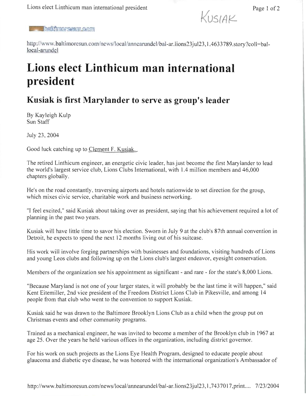 Lions Elect Linthicum Man International President Page 1 Of2