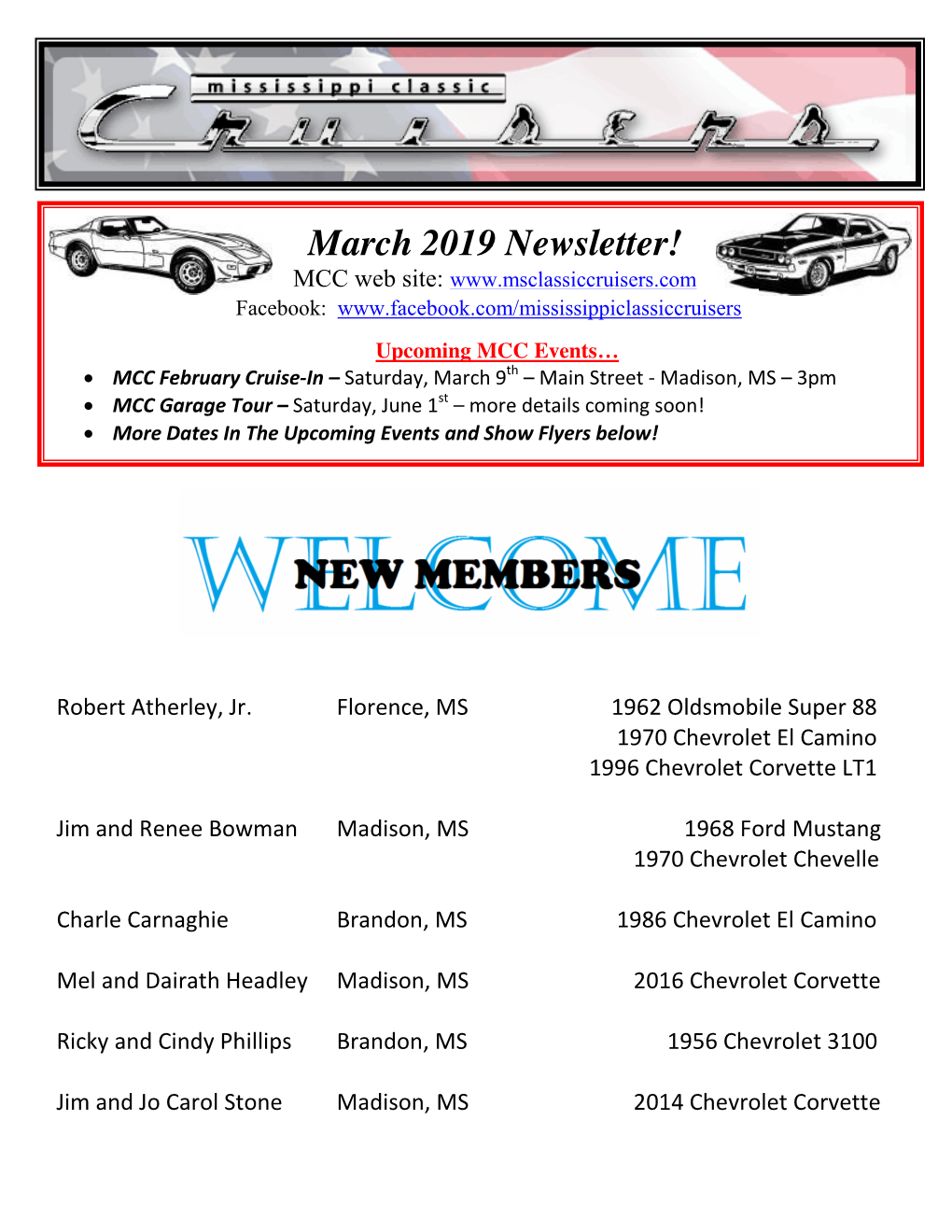 March 2019 Newsletter! MCC Web Site: Facebook