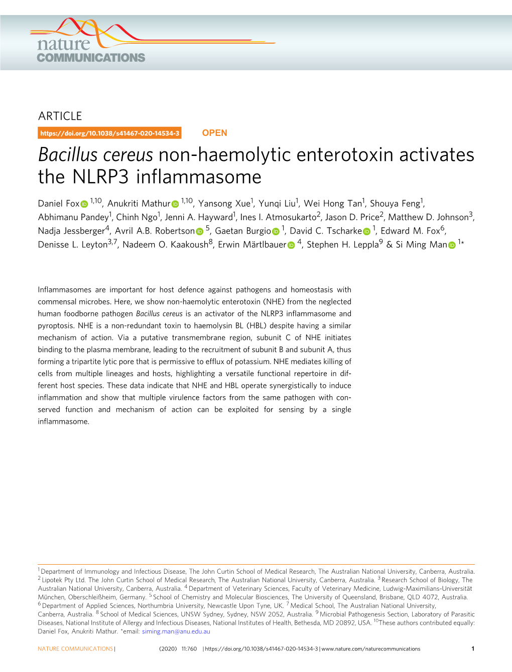 Bacillus Cereus Non-Haemolytic Enterotoxin Activates the NLRP3 Inﬂammasome