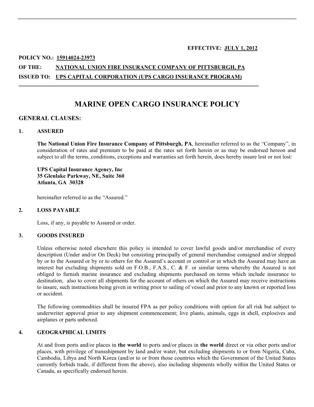 Marine Open Cargo Insurance Policy