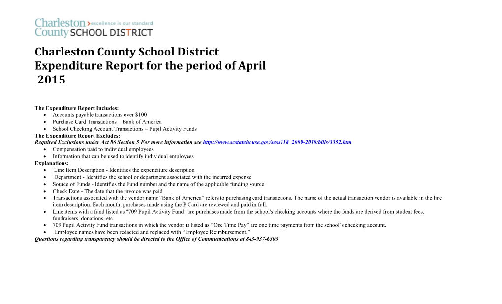 Charleston County School District Expenditure Report for the Period of April 2015