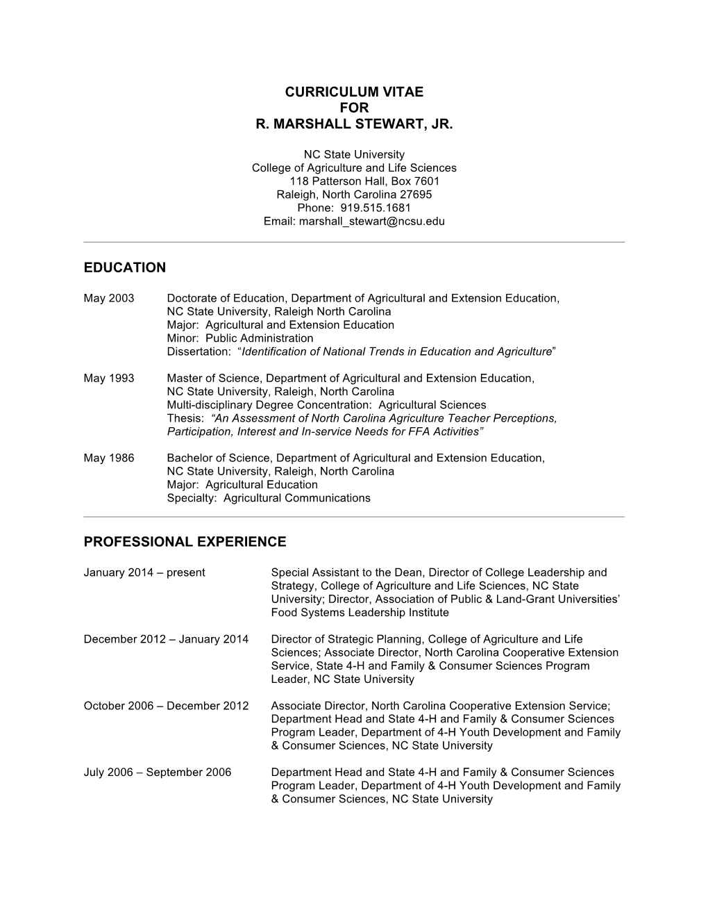 Curriculum Vitae for R. Marshall Stewart, Jr