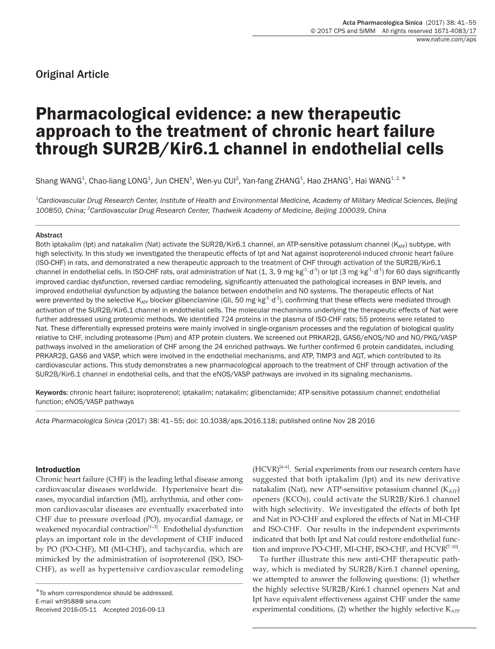 Pharmacological Evidence: a New Therapeutic Approach to the Treatment of Chronic Heart Failure Through SUR2B/Kir6.1 Channel in Endothelial Cells