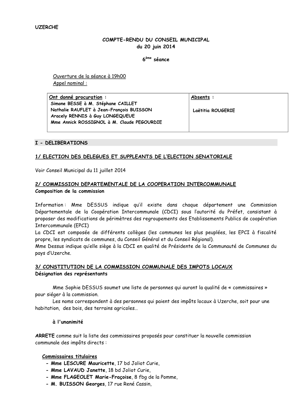 UZERCHE COMPTE-RENDU DU CONSEIL MUNICIPAL Du 20 Juin