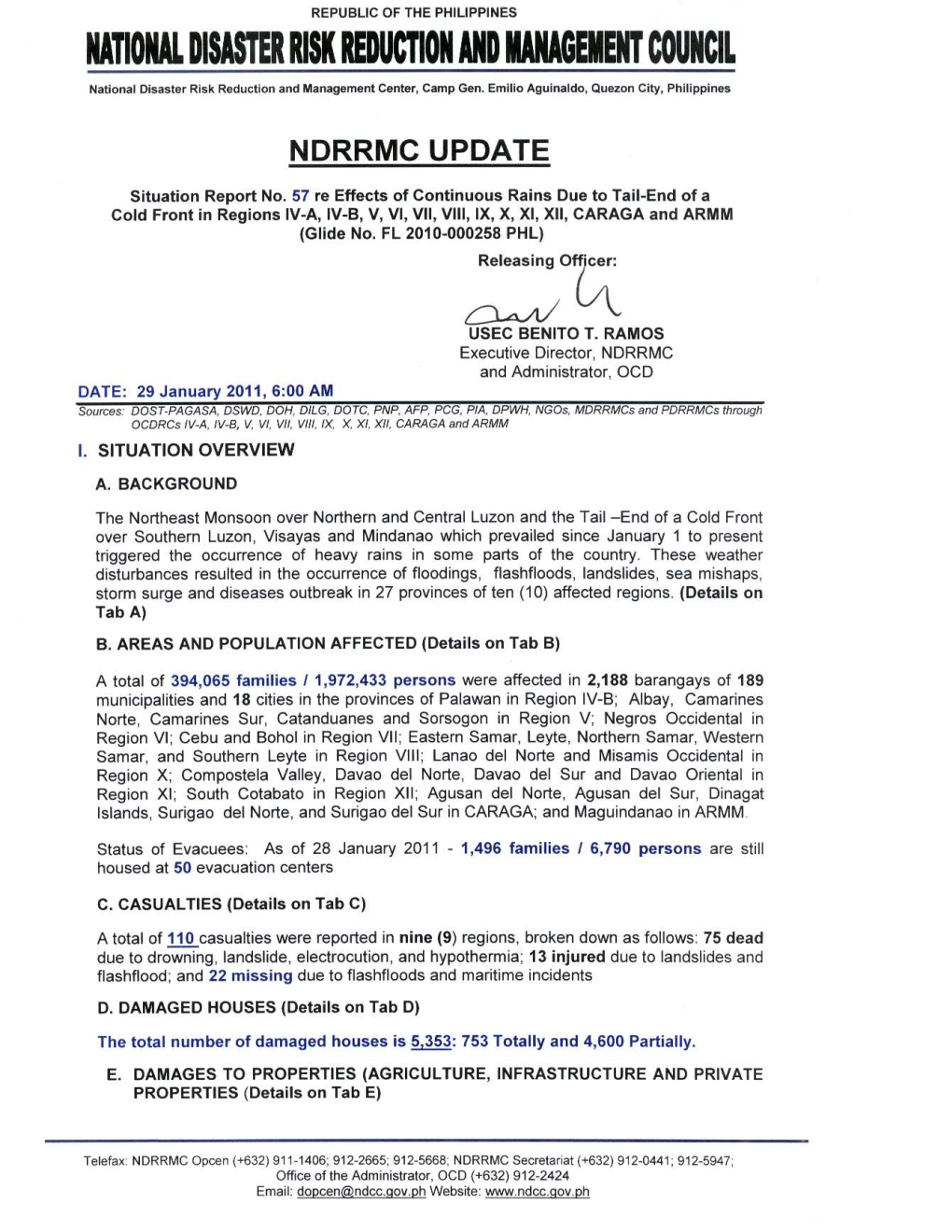 NDRRMC Update Sitrep No. 57 Flooding & Landslides 28 Jan2011