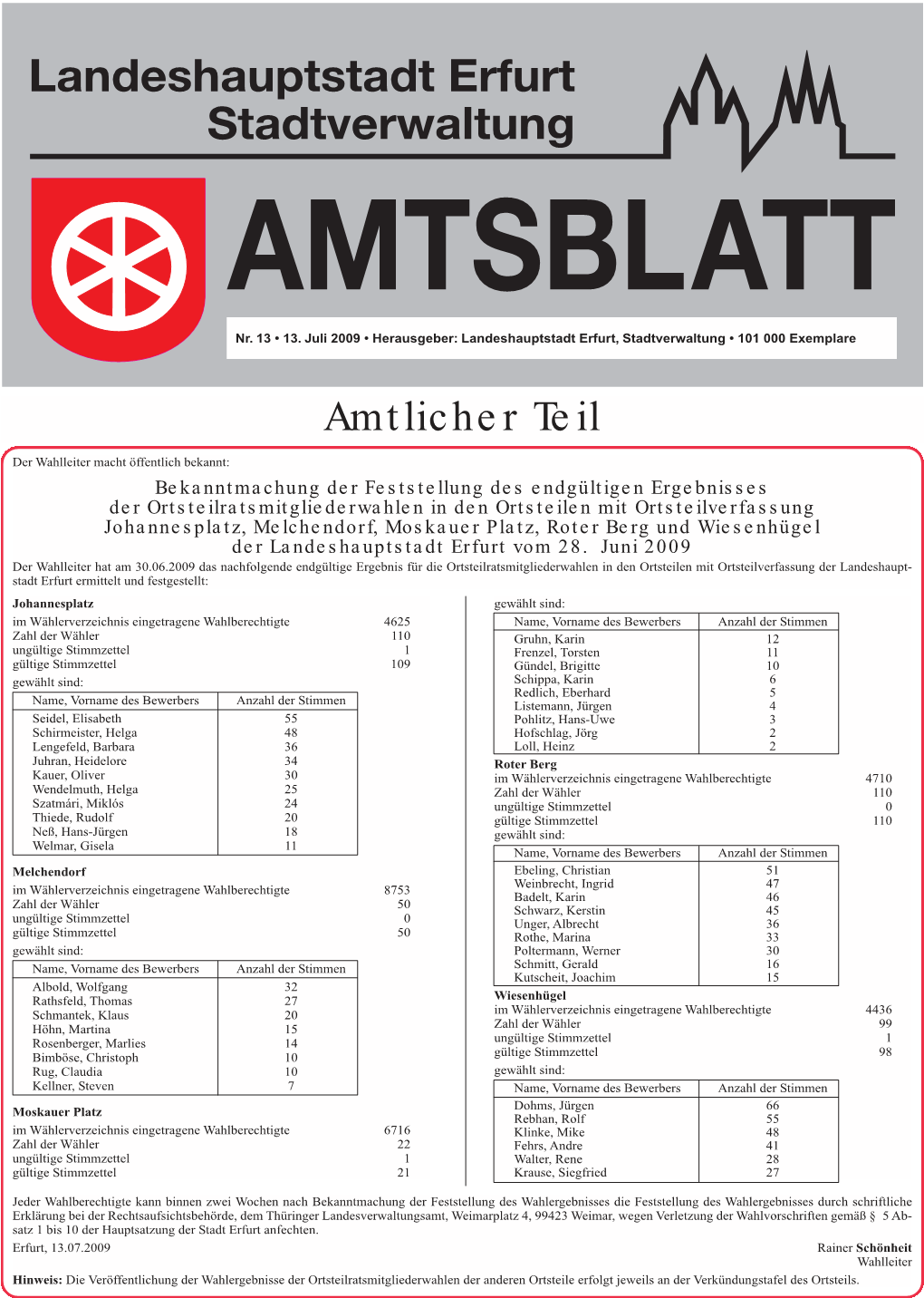 Amtsblatt Nr. 13 Vom 13. Juli 2009 Der Landeshauptstadt Erfurt