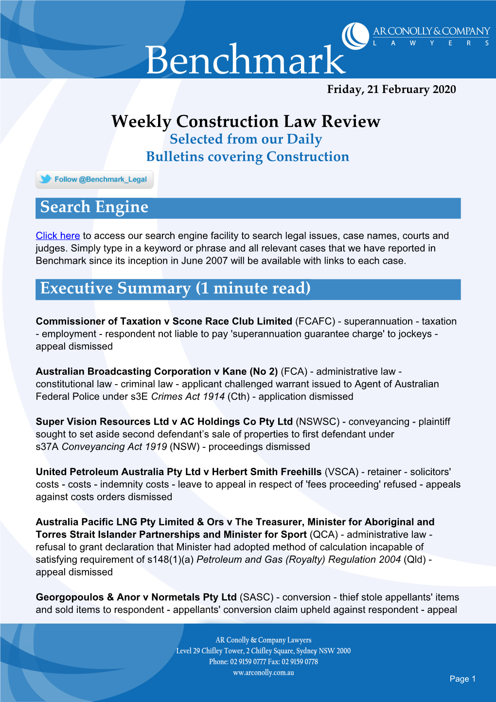 Weekly Construction Law Review Selected from Our Daily Bulletins Covering Construction