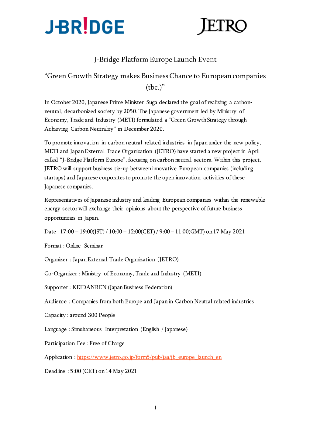 J-Bridge Platform Europe Launch Event “Green Growth Strategy
