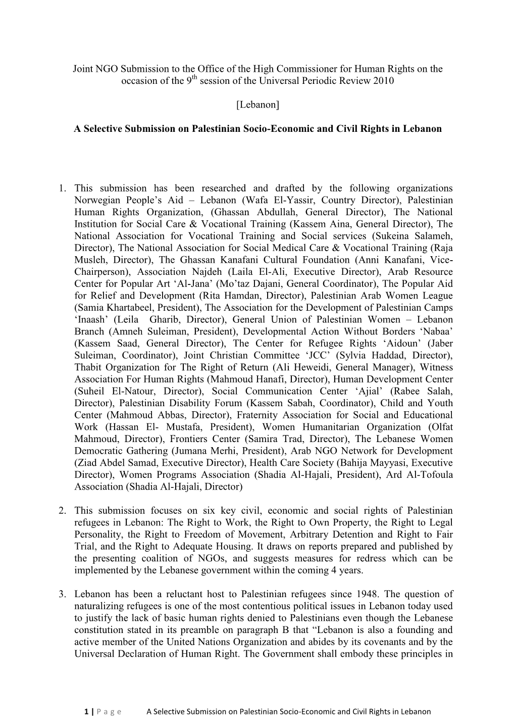 Joint NGO Submission to the Office of the High Commissioner for Human Rights on the Occasion of the 9Th Session of the Universal Periodic Review 2010