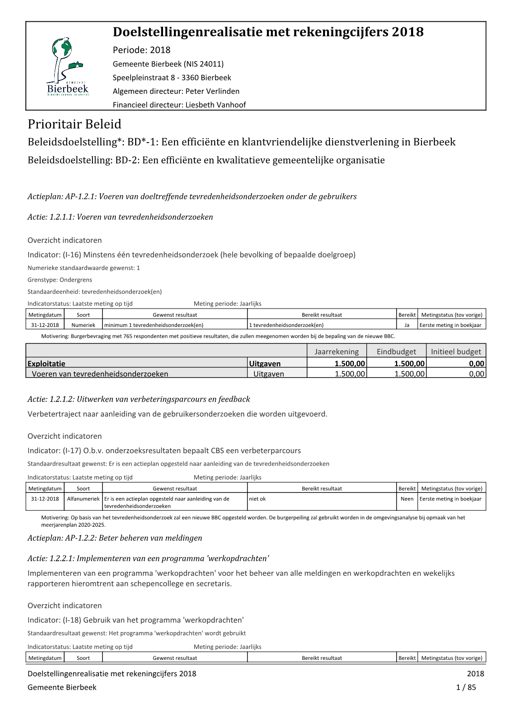 Doelstellingenrealisatie Met Rekeningcijfers 2018 Prioritair Beleid