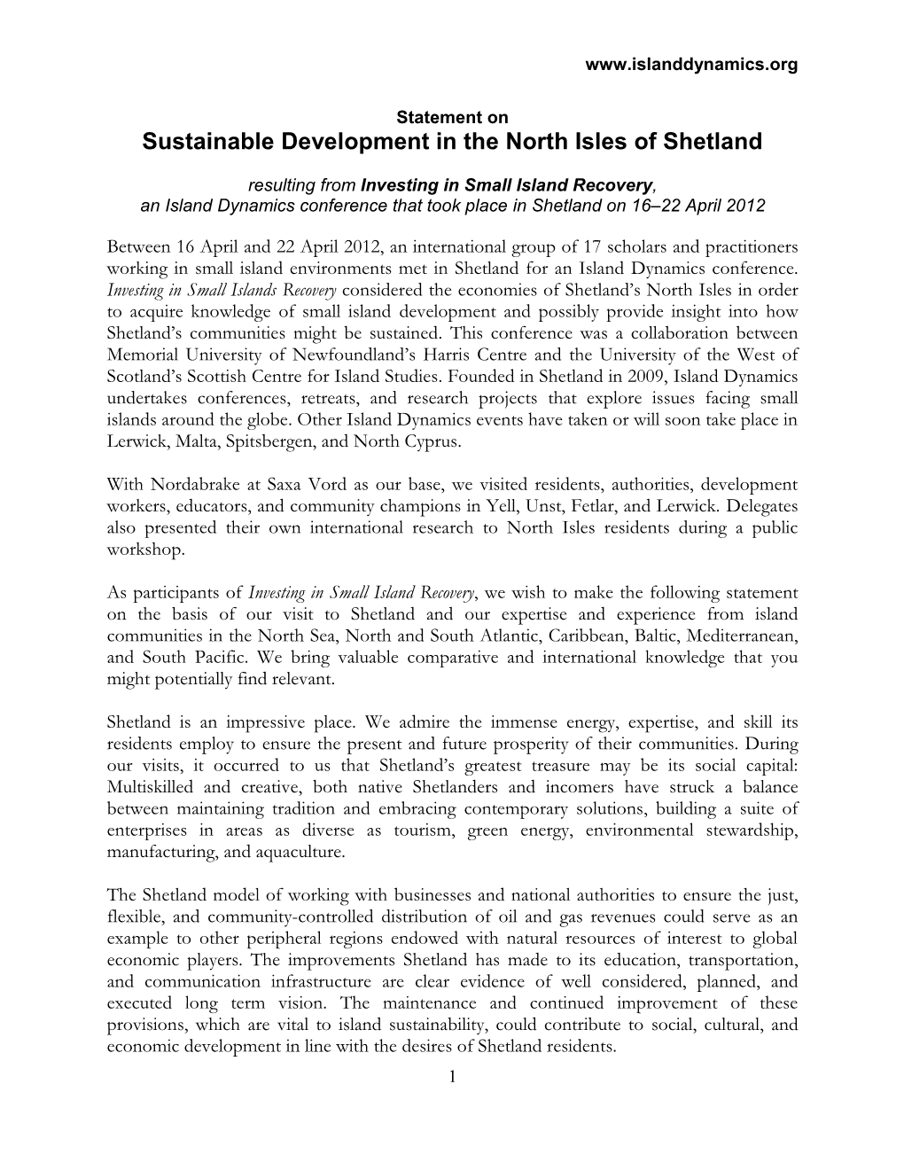 Statement on Sustainable Development in the North Isles of Shetland