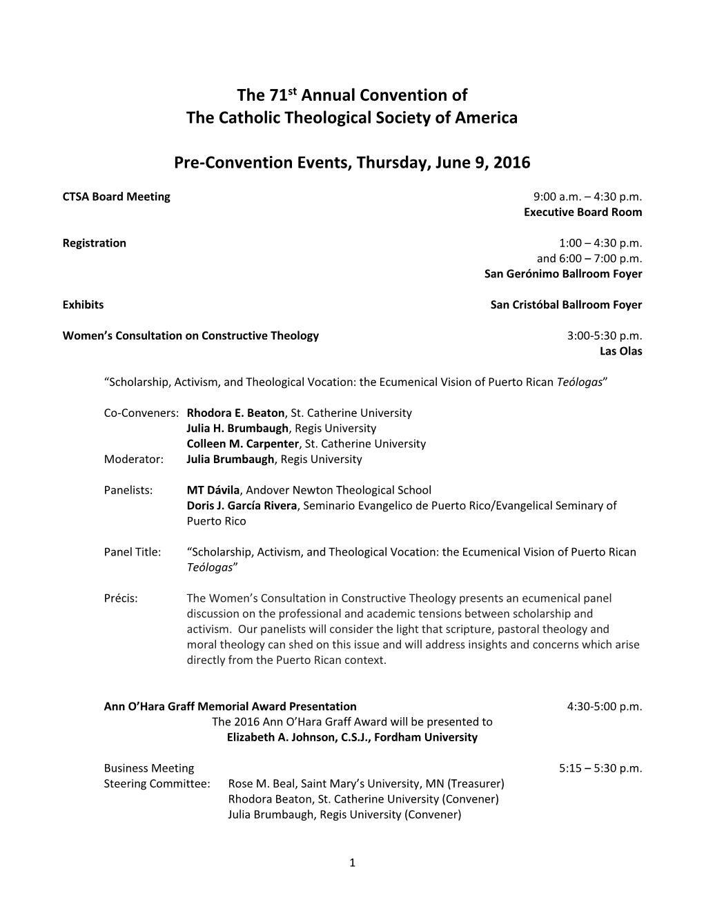 The 71St Annual Convention of the Catholic Theological Society of America