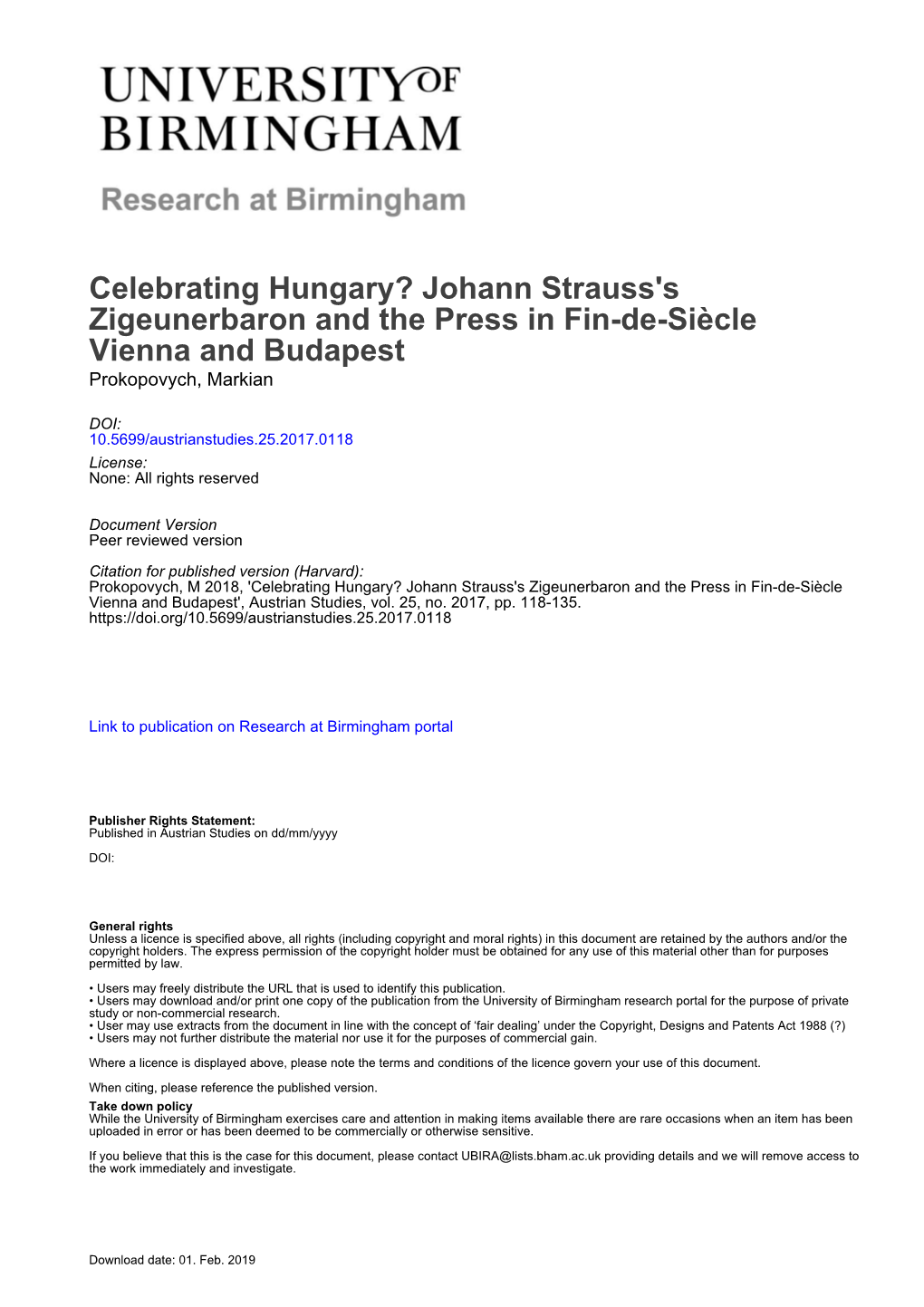 Johann Strauss's Zigeunerbaron and the Press in Fin-De-Siècle Vienna and Budapest Prokopovych, Markian