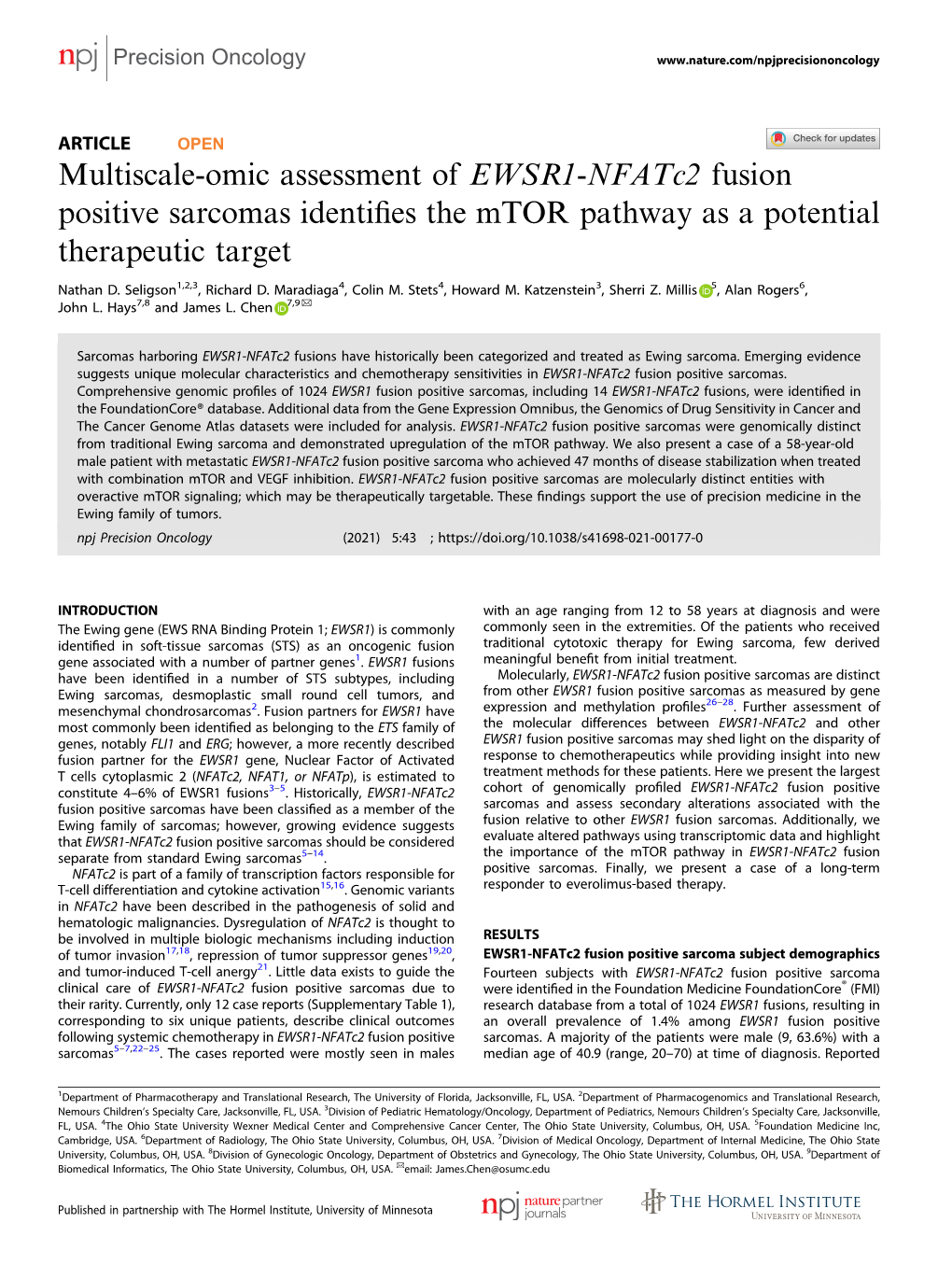 Multiscale-Omic Assessment of EWSR1-Nfatc2 Fusion Positive Sarcomas Identiﬁes the Mtor Pathway As a Potential Therapeutic Target