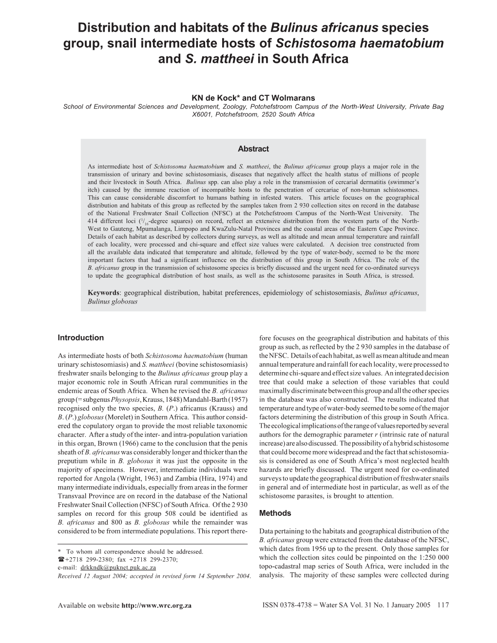 Distribution and Habitats of the Bulinus Africanus Species Group, Snail Intermediate Hosts of Schistosoma Haematobium and S