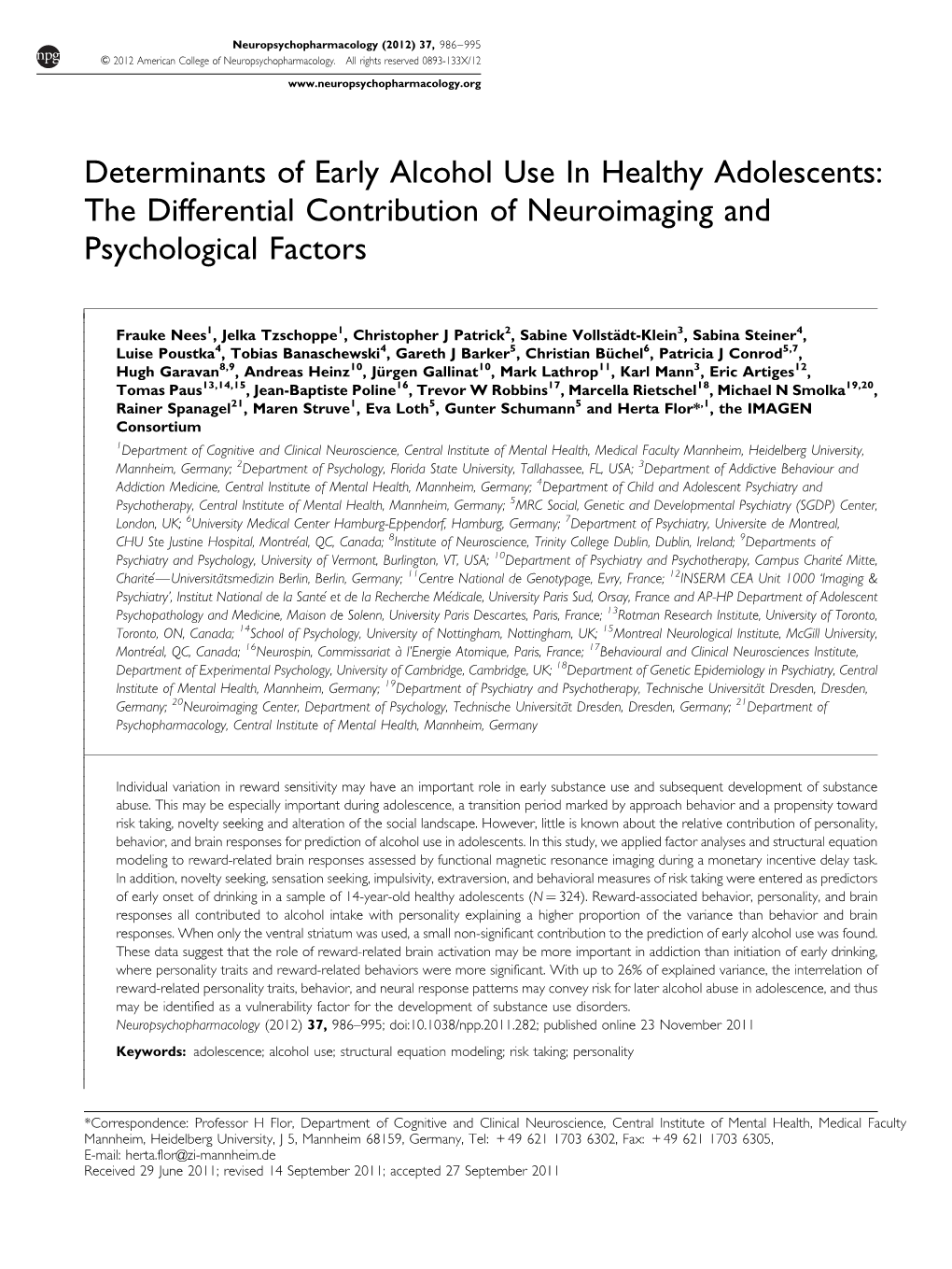 Determinants of Early Alcohol Use in Healthy Adolescents: the Differential Contribution of Neuroimaging and Psychological Factors