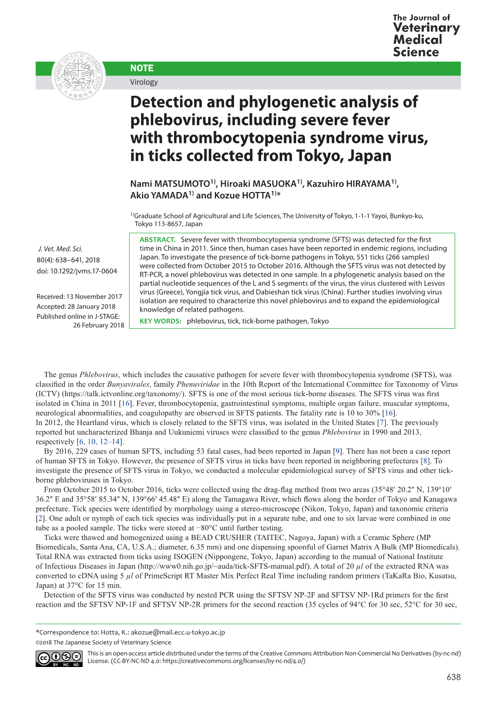 Detection and Phylogenetic Analysis of Phlebovirus, Including Severe Fever with Thrombocytopenia Syndrome Virus, in Ticks Collected from Tokyo, Japan