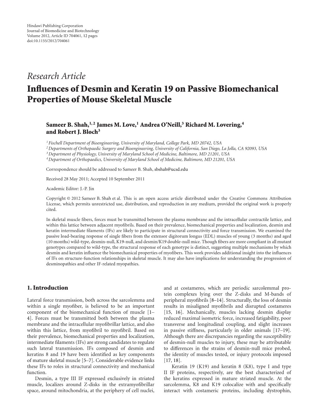 Research Article Influences of Desmin and Keratin 19 on Passive Biomechanical Properties of Mouse Skeletal Muscle