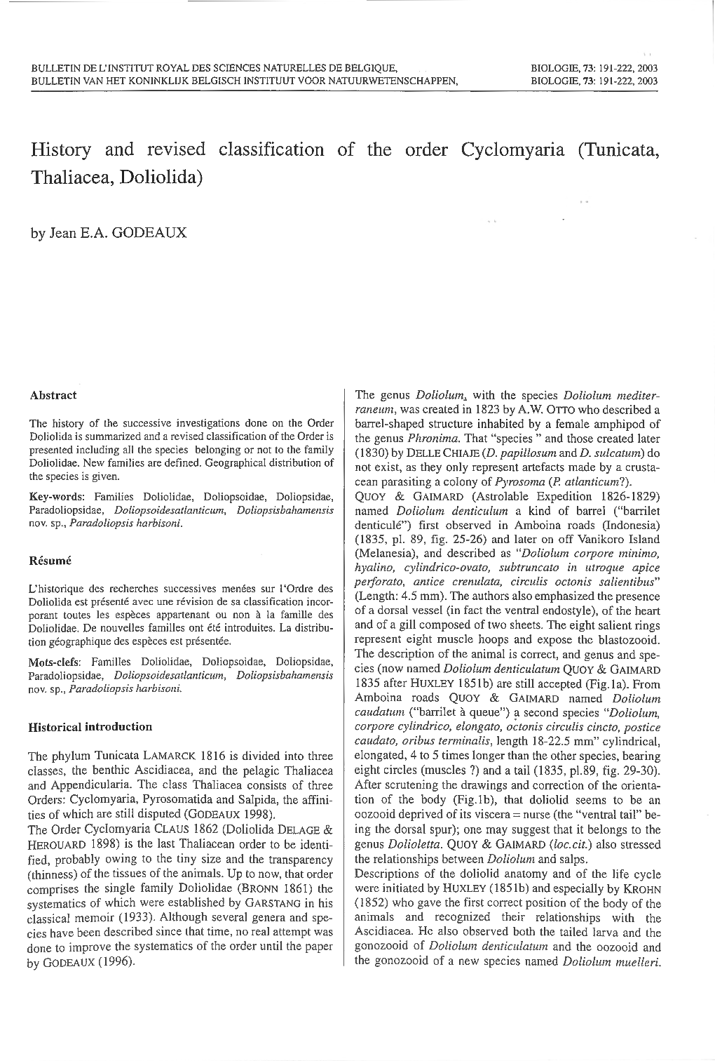 History and Revised Classification of the Order Cyclomyaria (Tunicata, Thaliacea, Doliolida)