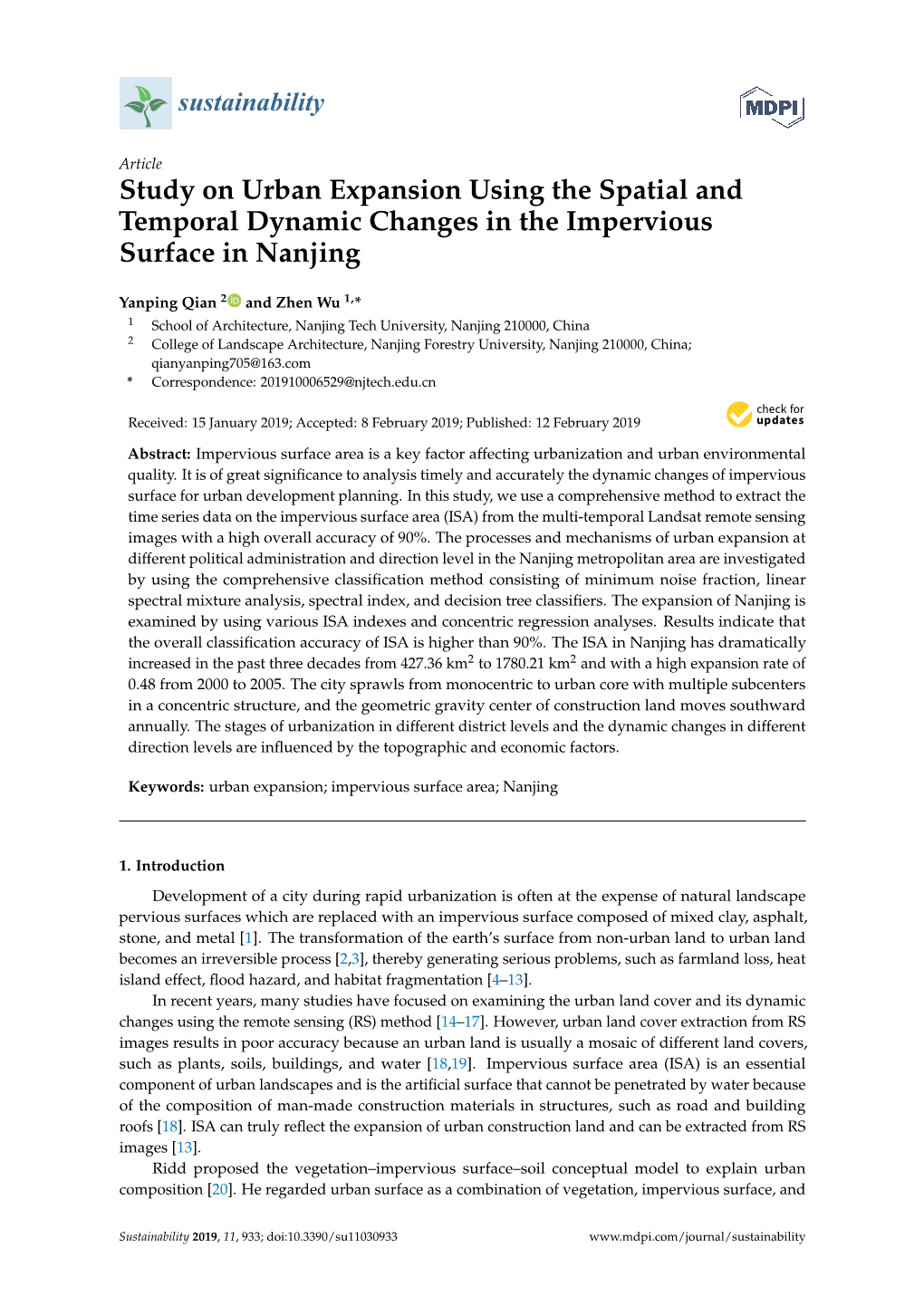 Study on Urban Expansion Using the Spatial and Temporal Dynamic Changes in the Impervious Surface in Nanjing