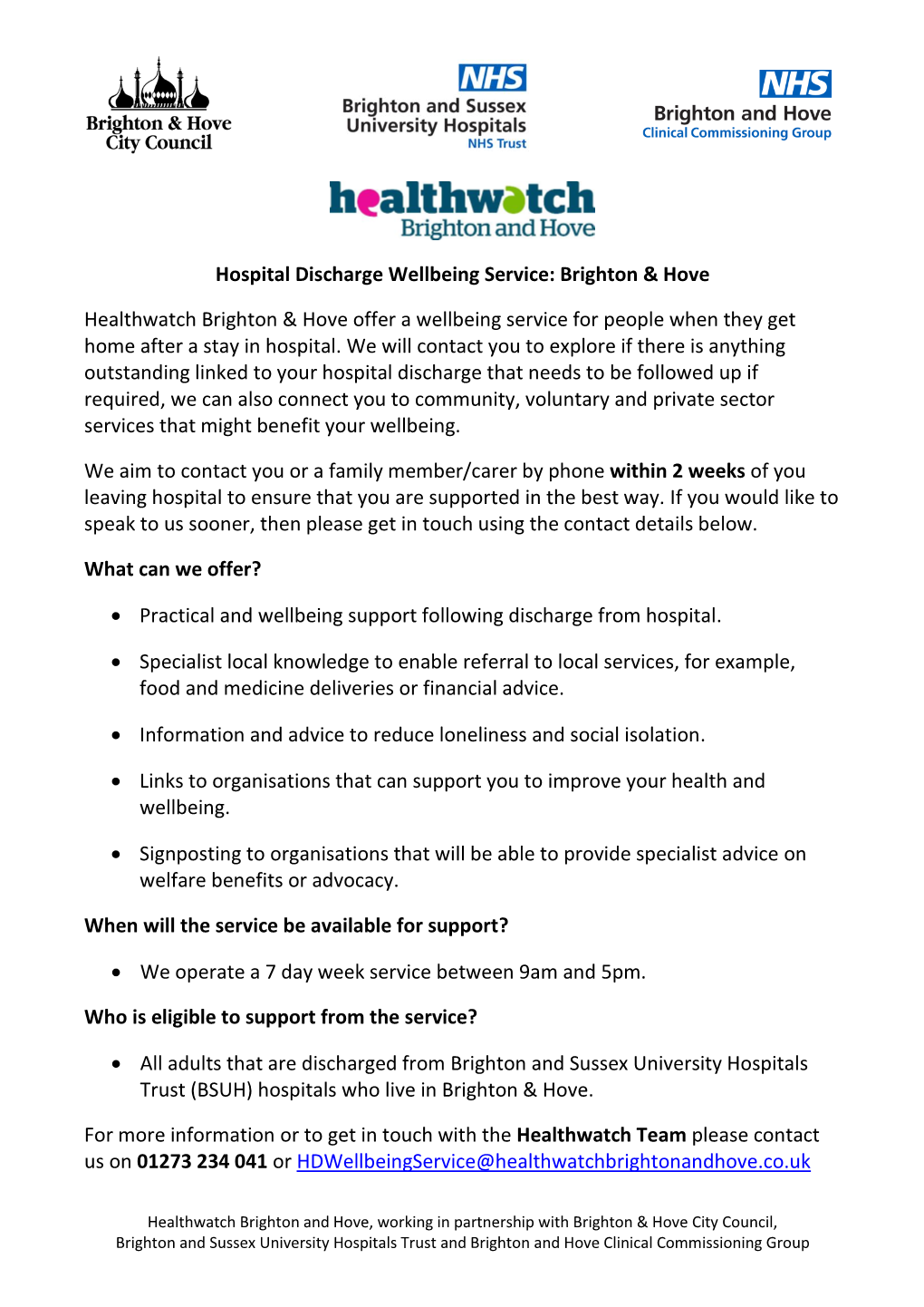 Hospital Discharge Wellbeing Service: Brighton & Hove