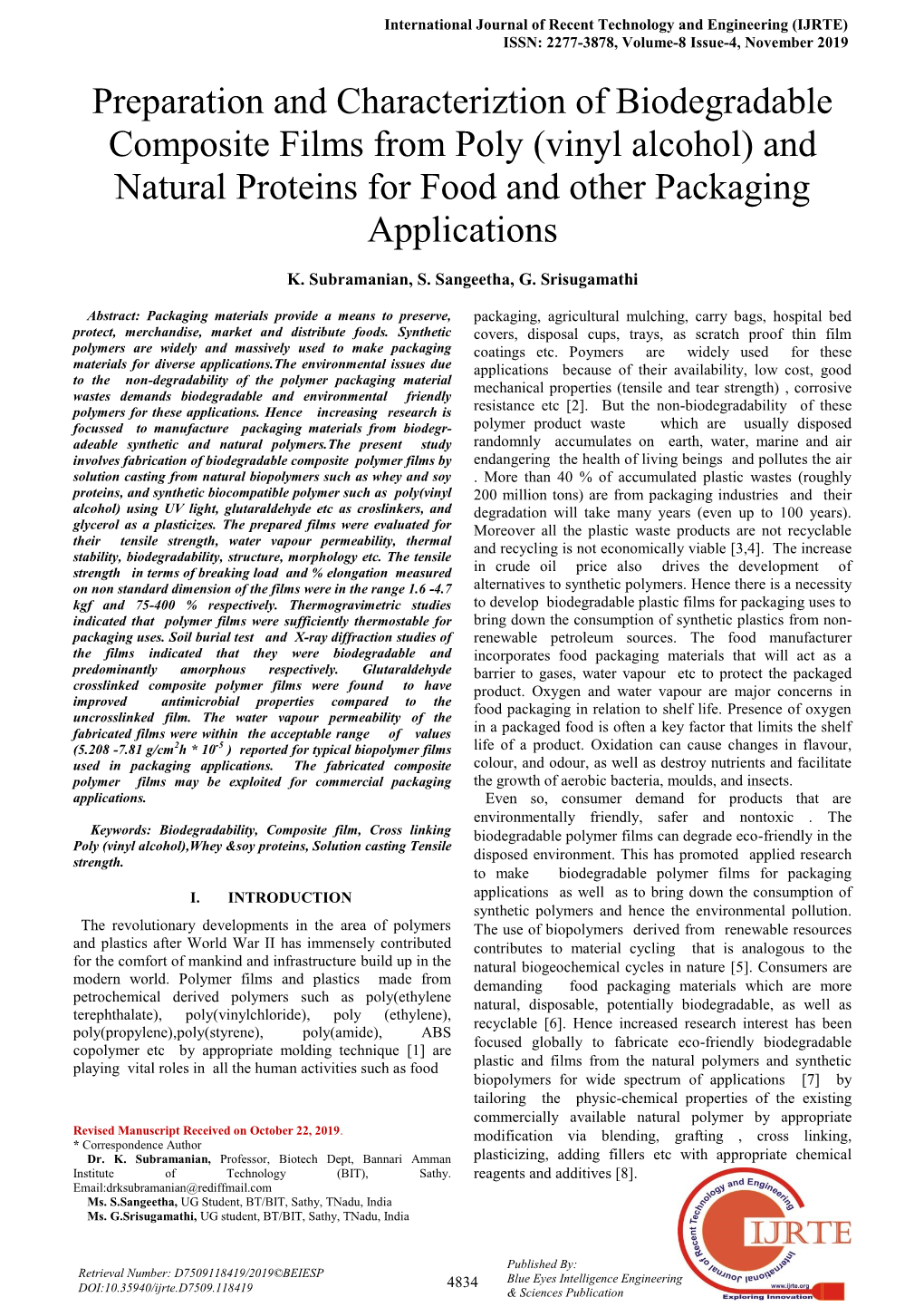 Preparation and Characteriztion of Biodegradable Composite Films from Poly (Vinyl Alcohol) and Natural Proteins for Food and Other Packaging Applications