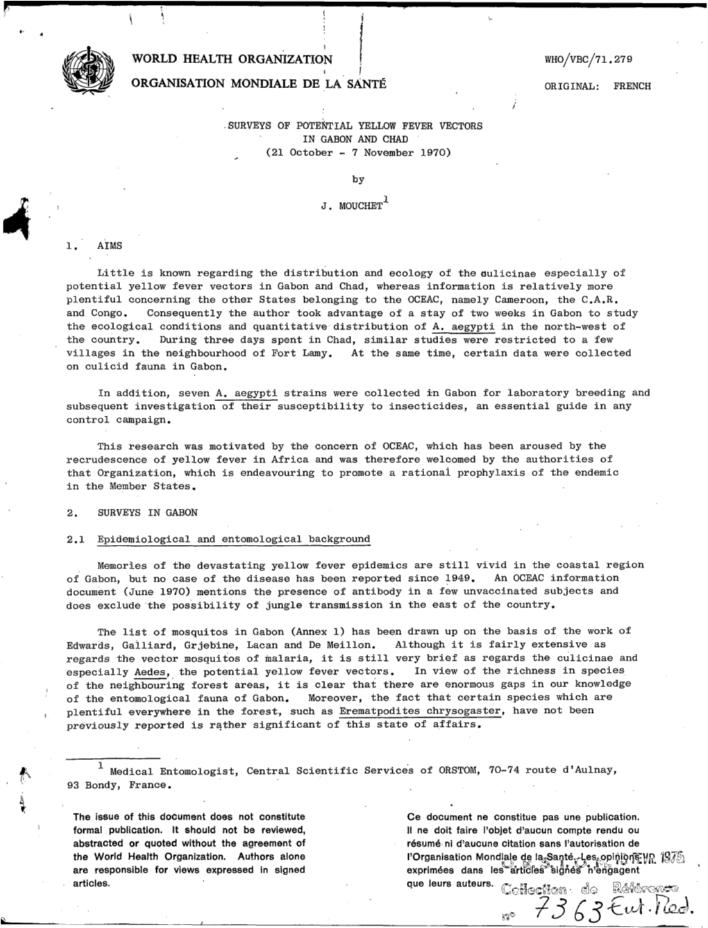 Surveys of Potential Yellow Fever Vectors in Gabon And