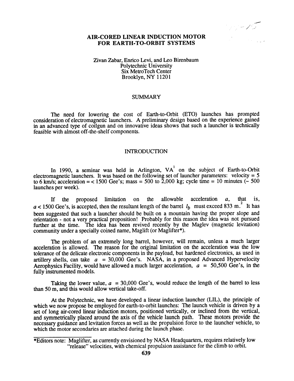 Air-Cored Linear Induction Motor for Earth-To-Orbit Systems