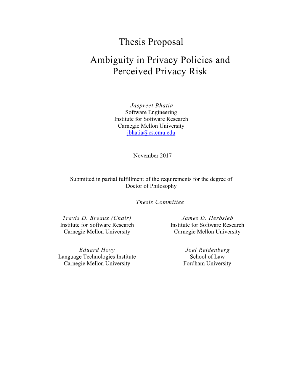 Thesis Proposal Ambiguity in Privacy Policies and Perceived Privacy Risk