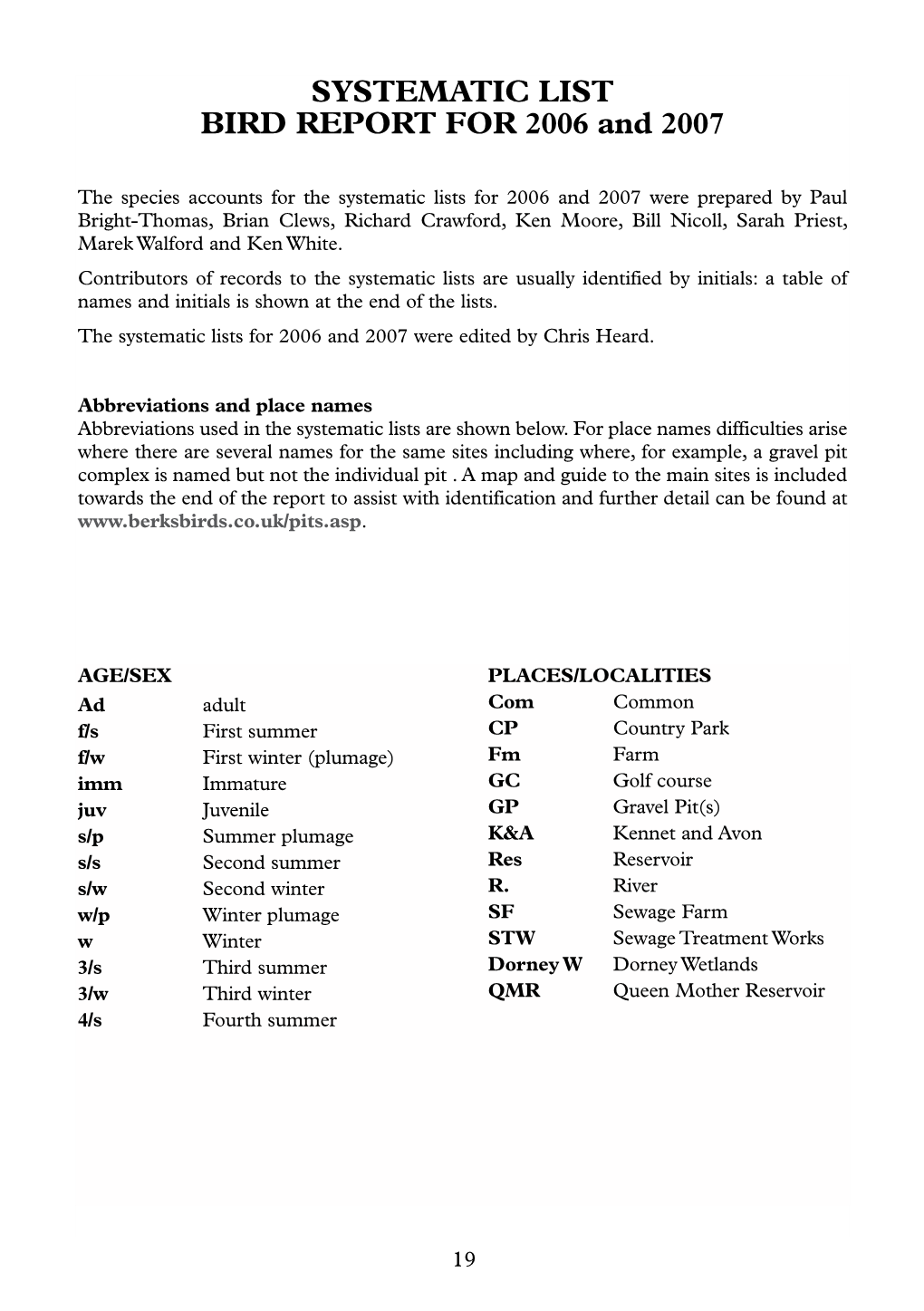 Systematic List Bird Report for 2006 and 2007