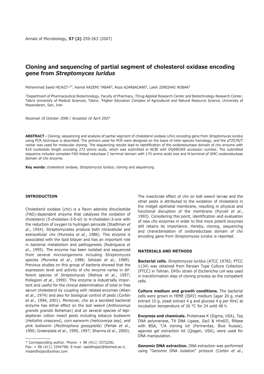 Cloning and Sequencing of Partial Segment of Cholesterol Oxidase Encoding Gene from Streptomyces Luridus