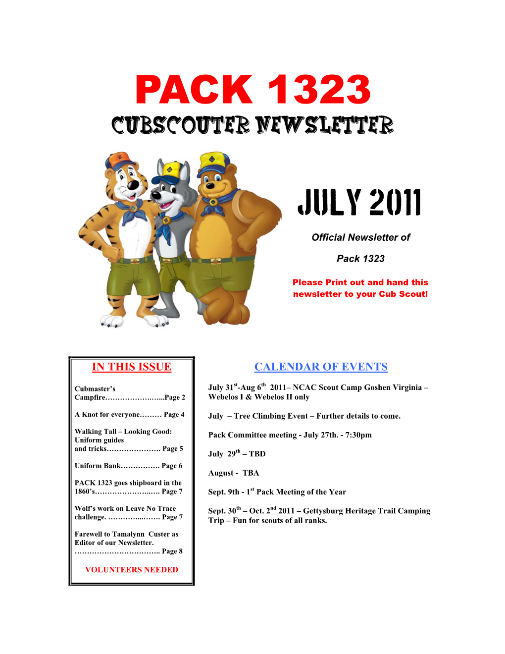 PACK 1323 Cubscouter Newsletter