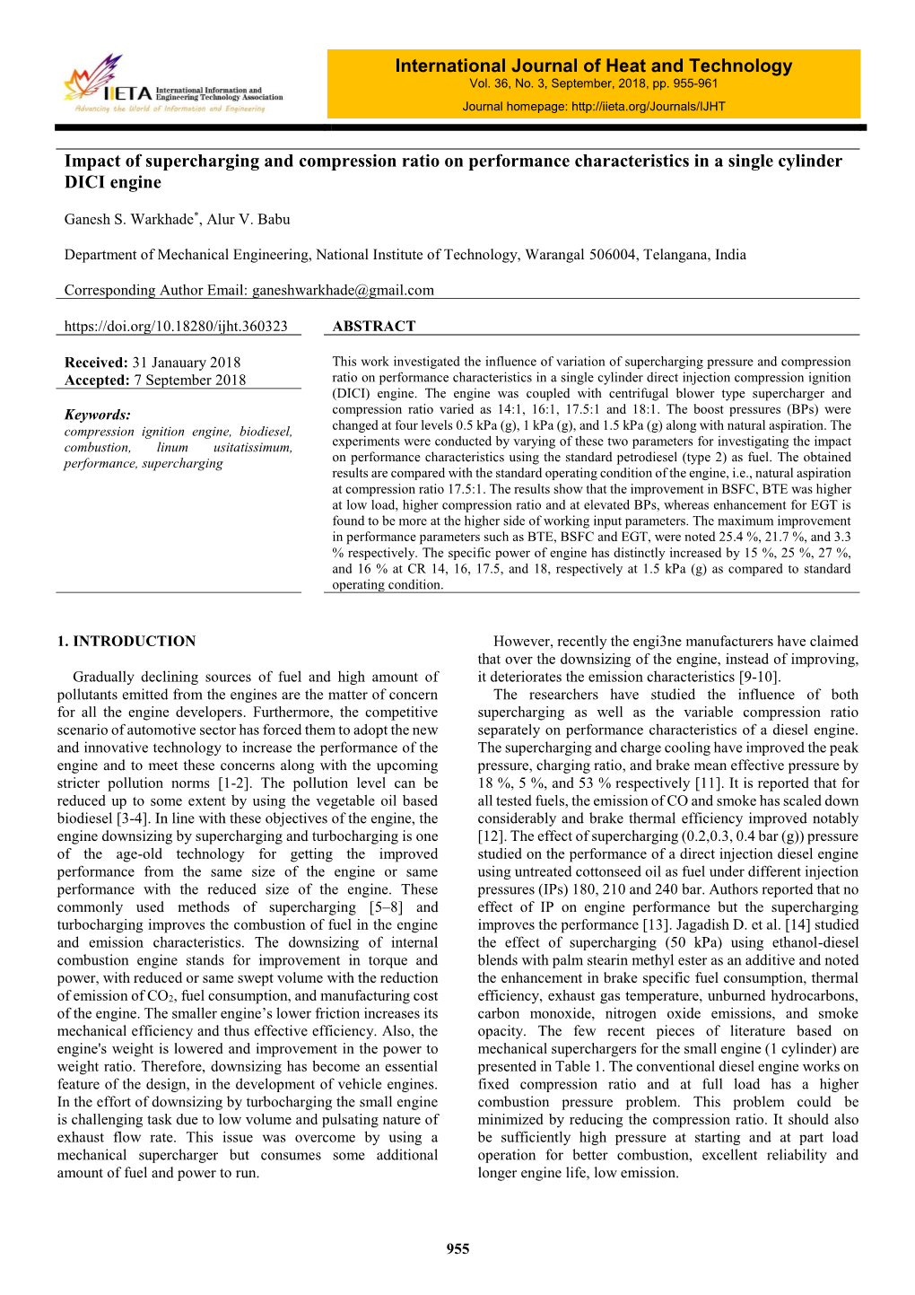 Impact of Supercharging and Compression Ratio on Performance Characteristics in a Single Cylinder DICI Engine