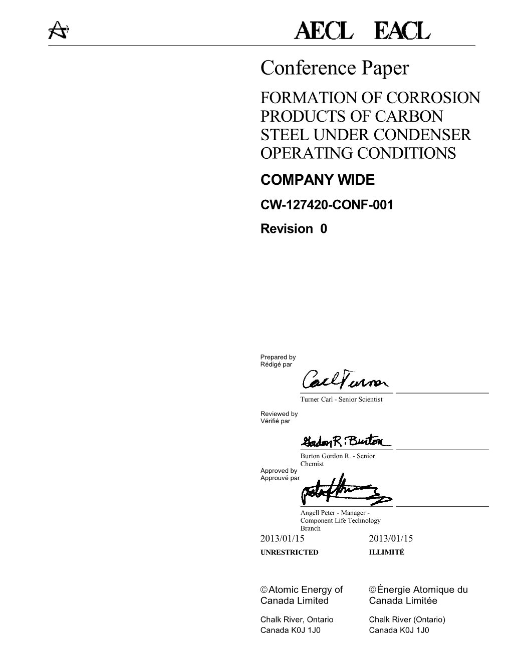 FORMATION of CORROSION PRODUCTS of CARBON STEEL UNDER CONDENSER OPERATING CONDITIONS COMPANY WIDE CW-127420-CONF-001 Revision 0