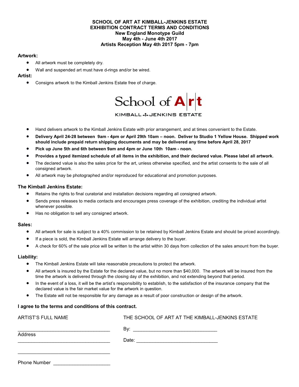 Artist Contract and Liability Statement