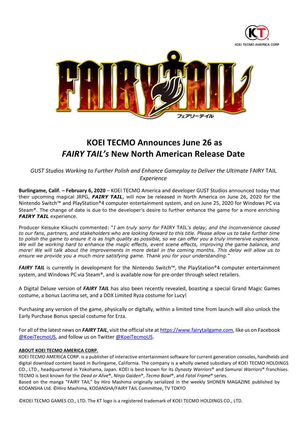 KOEI TECMO Announces June 26 As FAIRY TAIL’S New North American Release Date