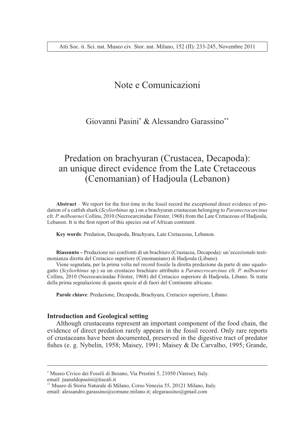 Crustacea, Decapoda): an Unique Direct Evidence from the Late Cretaceous (Cenomanian) of Hadjoula (Lebanon)