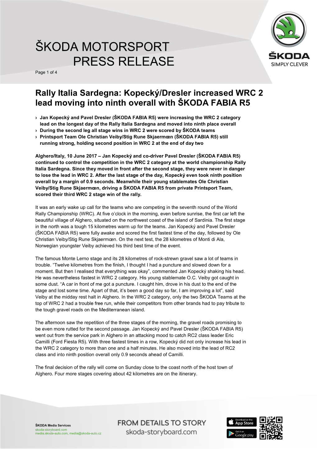 Rally Italia Sardegna: Kopecký/Dresler Increased WRC 2 Lead Moving Into Ninth Overall with ŠKODA FABIA R5