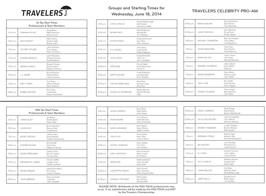 Groups and Starting Times for Wednesday, June 18, 2014