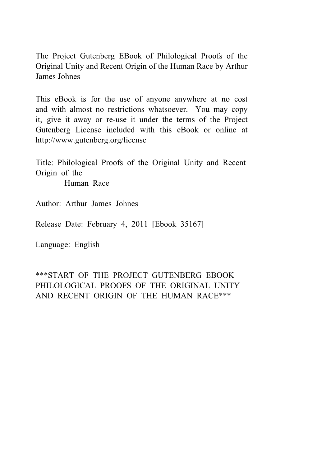 Philological Proofs of the Original Unity and Recent Origin of the Human Race by Arthur James Johnes