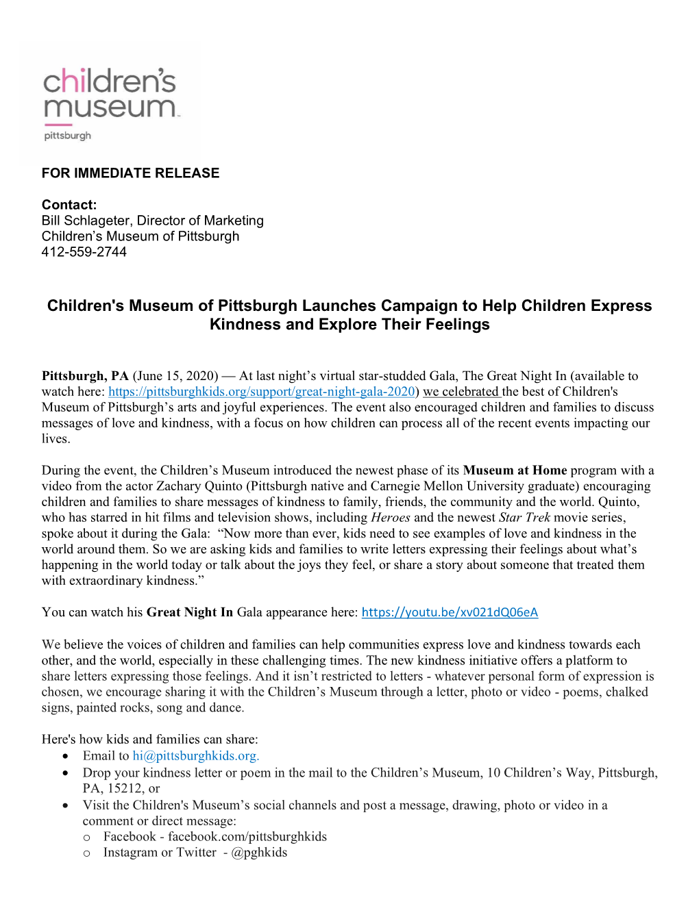 Children's Museum of Pittsburgh Launches Campaign to Help Children Express Kindness and Explore Their Feelings