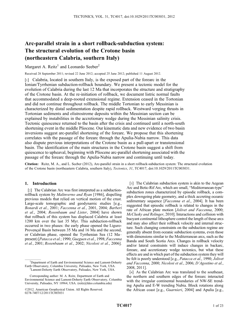 The Structural Evolution of the Crotone Basin (Northeastern Calabria, Southern Italy) Margaret A