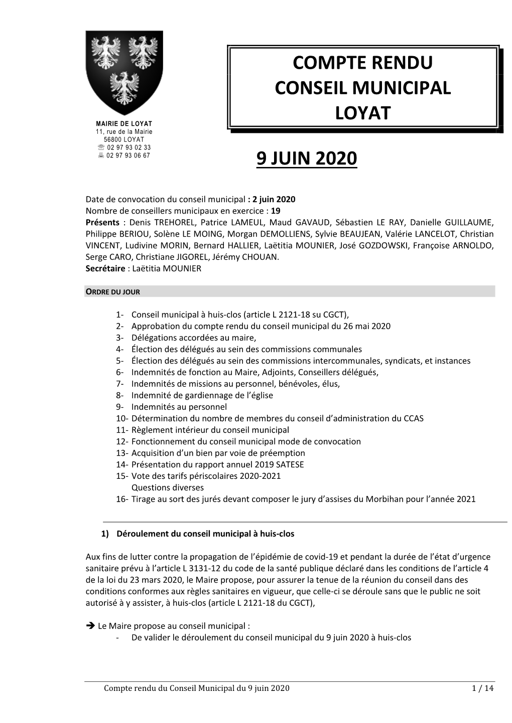 Compte Rendu Conseil Municipal Loyat 9 Juin 2020