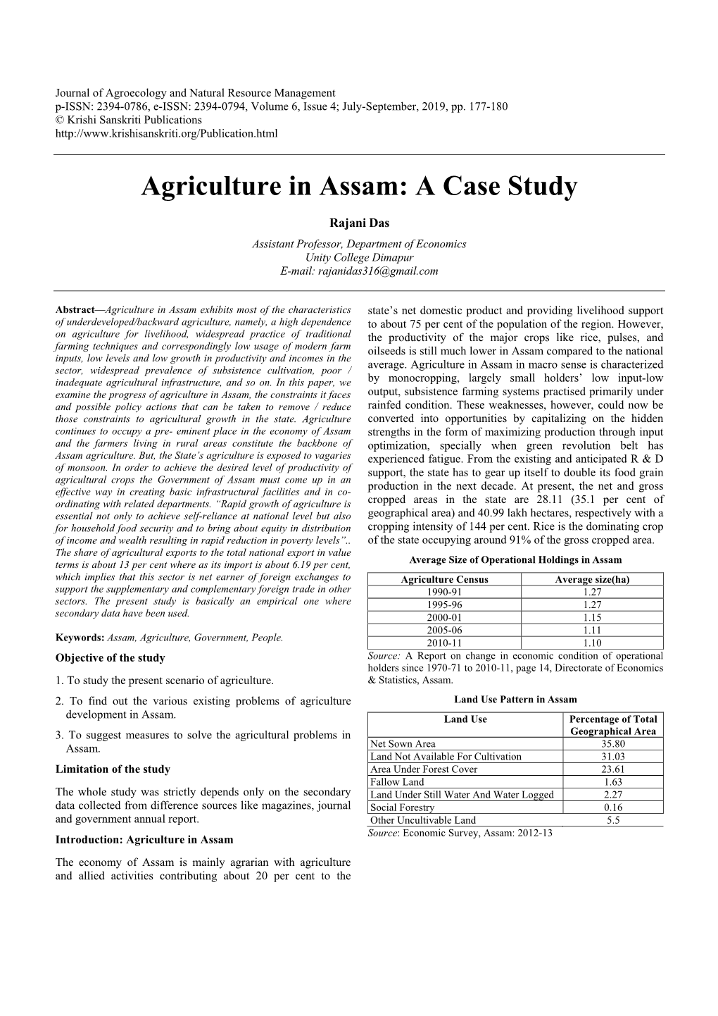 Agriculture in Assam: a Case Study