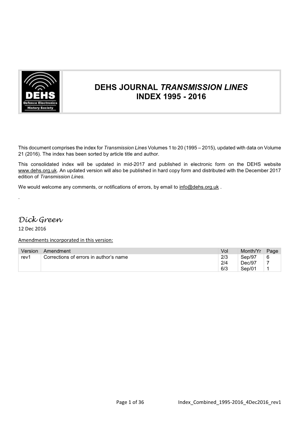 Dehs Journal Transmission Lines Index 1995 - 2016