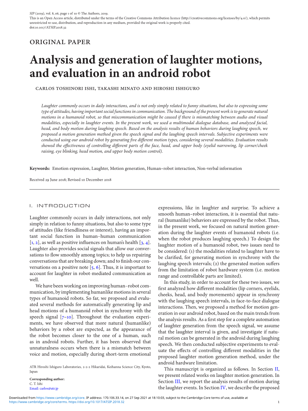 Analysis and Generation of Laughter Motions, and Evaluation in An