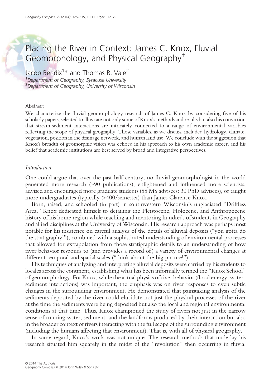 Placing the River in Context: James C. Knox, Fluvial Geomorphology, and Physical Geography†