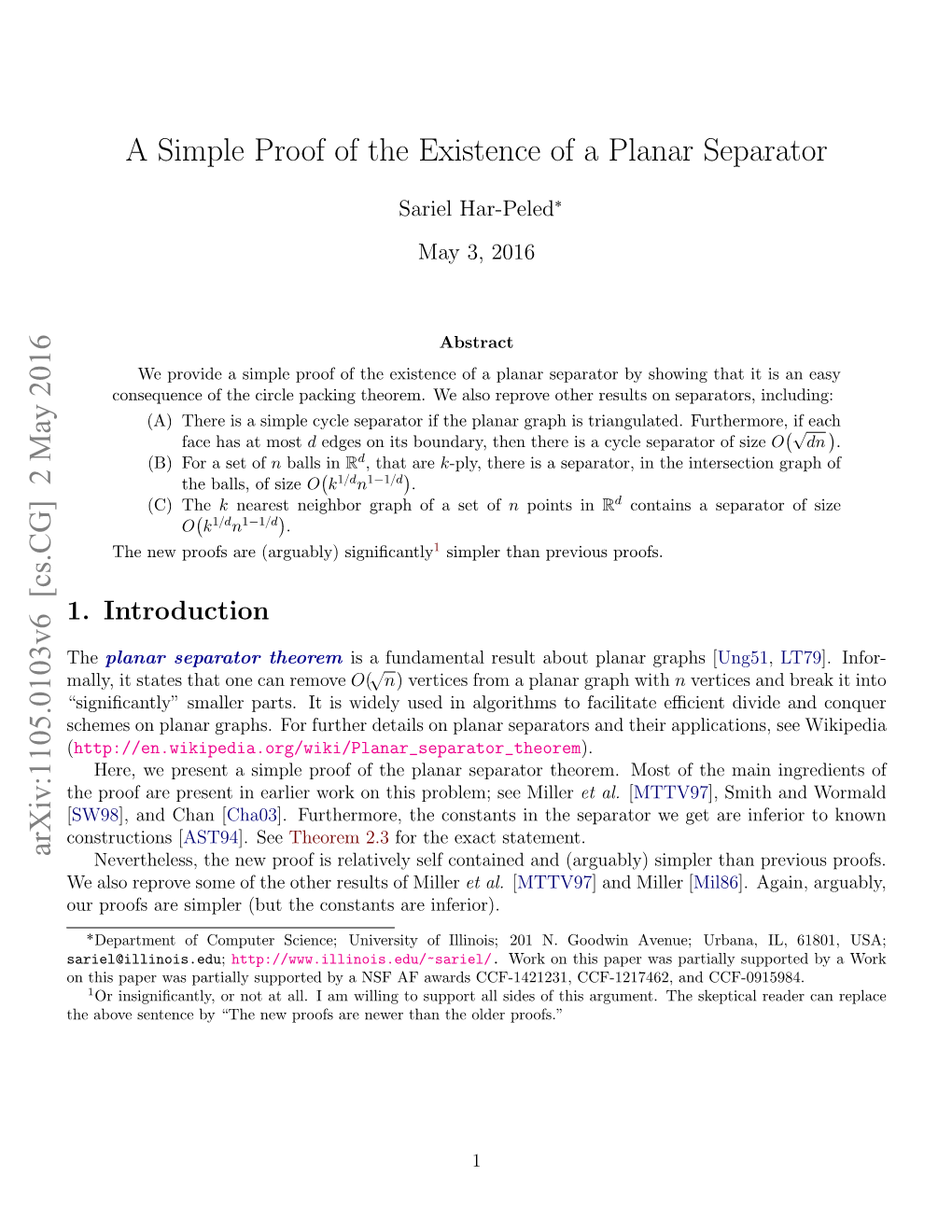 A Simple Proof of the Existence of a Planar Separator