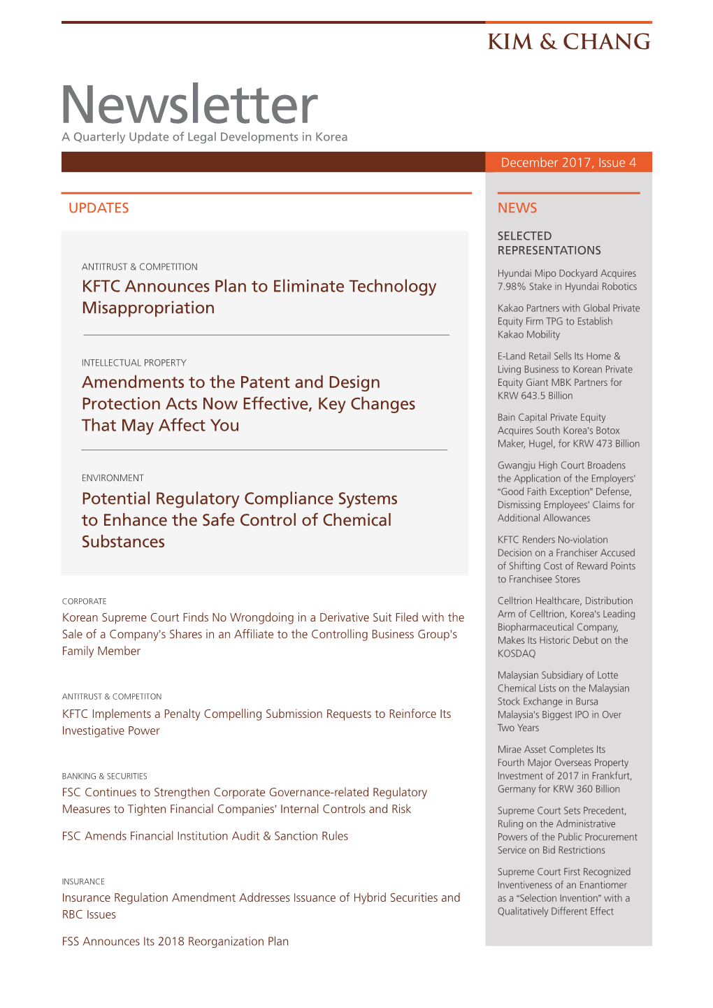 Newsletter a Quarterly Update of Legal Developments in Korea