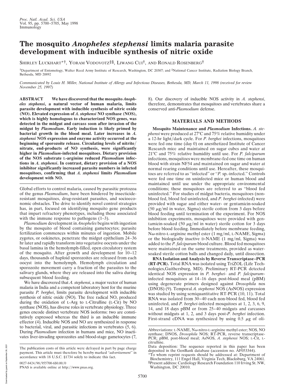 The Mosquito Anopheles Stephensi Limits Malaria Parasite Development with Inducible Synthesis of Nitric Oxide